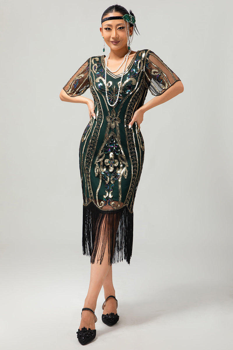 Load image into Gallery viewer, Sparkly Dark Green Bodycon Fringed Short 1920s Dress with Sleeves