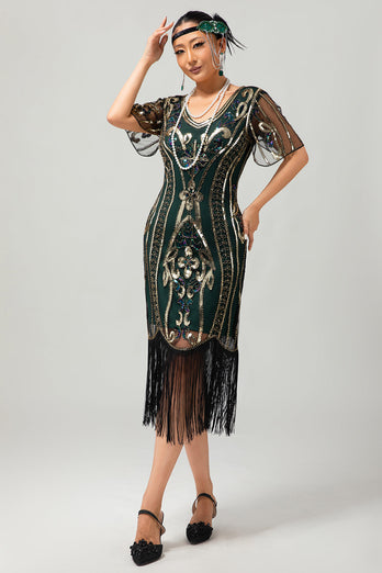 Sparkly Dark Green Bodycon Fringed Short 1920s Dress with Sleeves
