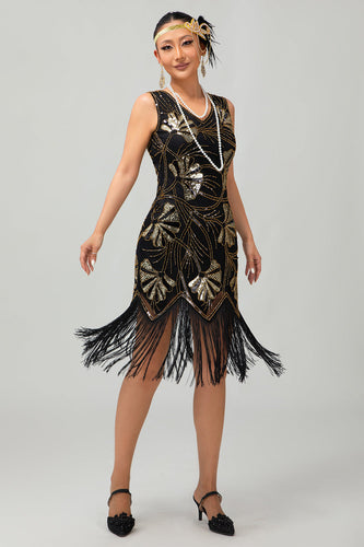Sparkly Black Golden Fringed Sequins Flapper Dress with Beading