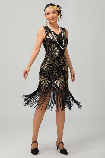 Sparkly Black Golden Fringed Sequins Flapper Dress with Beading