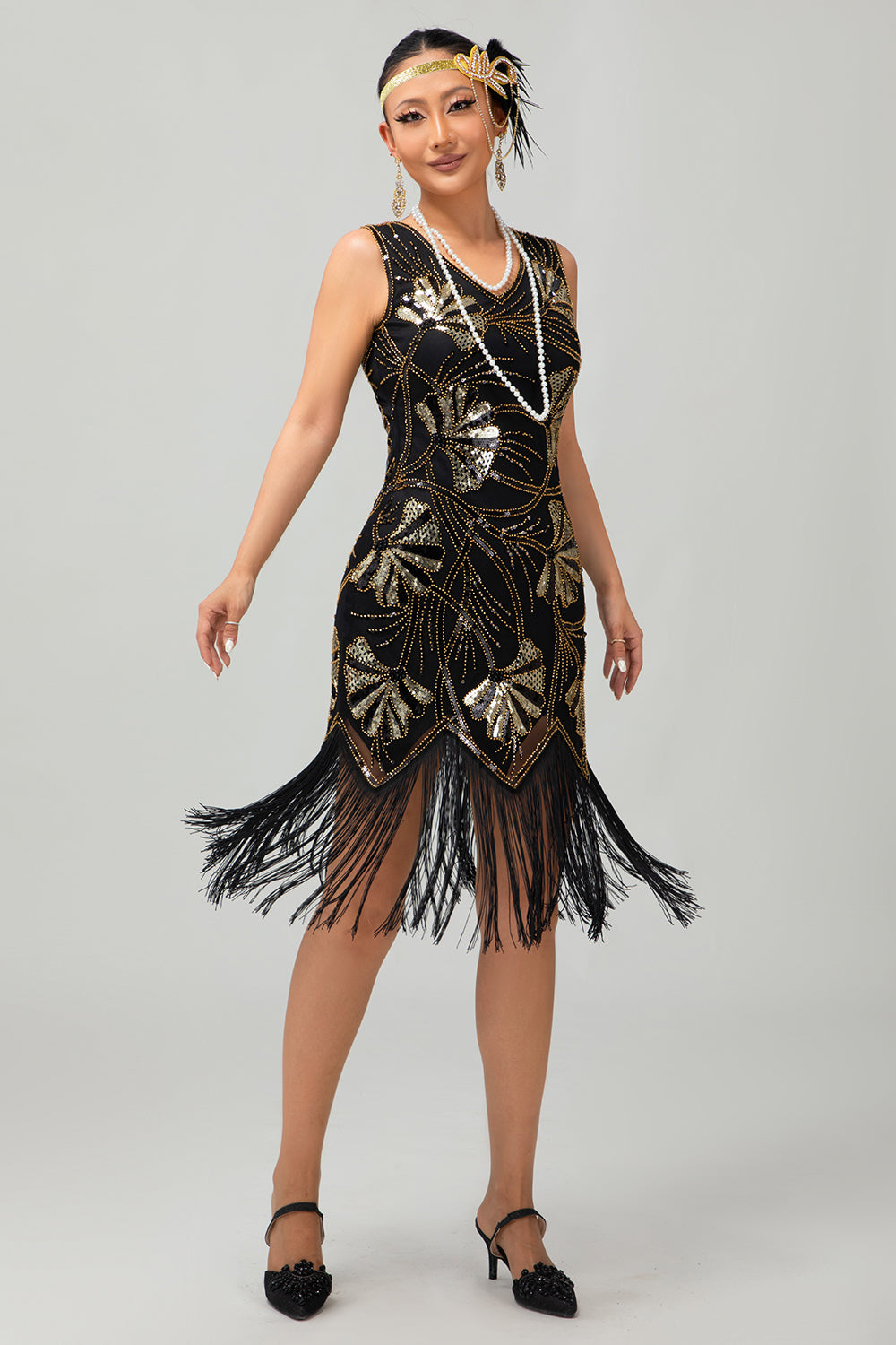 Sparkly Black Golden Fringed Sequins Flapper Dress with Beading