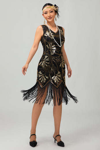 Sparkly Red Gold Short Fringed 1920s Dress with Sequins