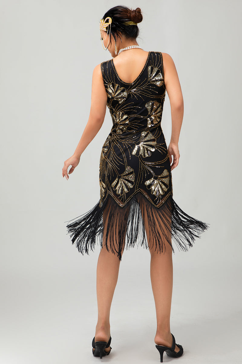 Load image into Gallery viewer, Sparkly Red Gold Short Fringed 1920s Dress with Sequins