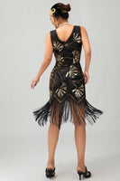 Load image into Gallery viewer, Sparkly Black Golden Fringed Sequins Flapper Dress with Beading