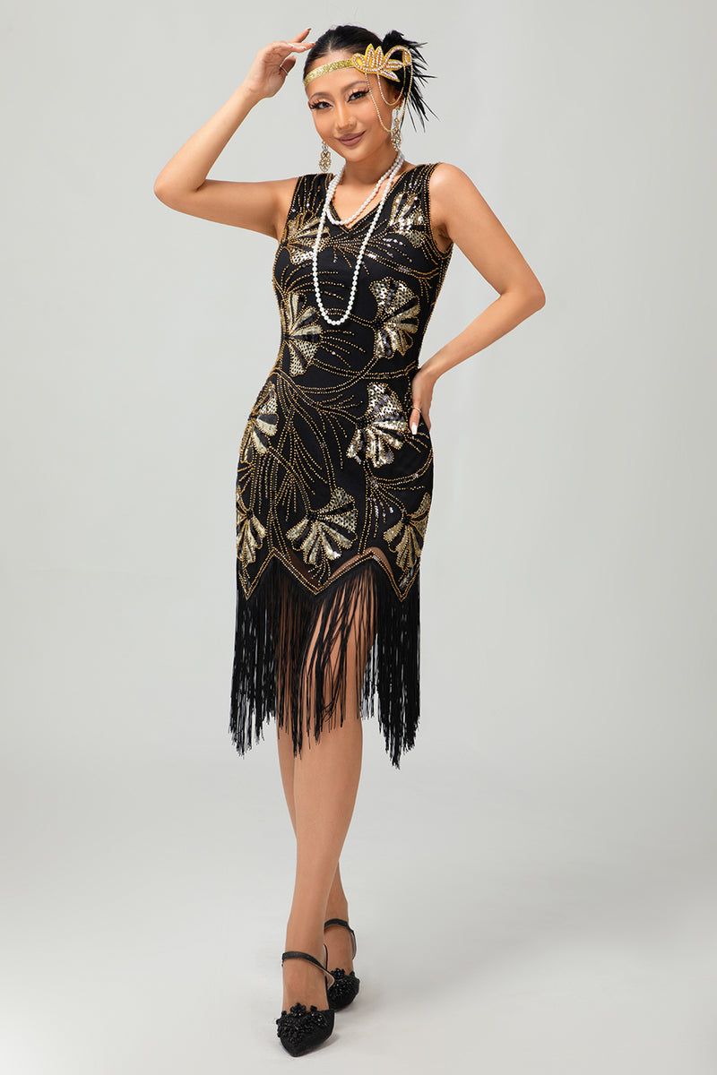 Load image into Gallery viewer, Sparkly Red Gold Short Fringed 1920s Dress with Sequins