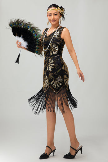 Sparkly Red Gold Short Fringed 1920s Dress with Sequins