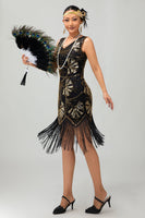 Load image into Gallery viewer, Sparkly Black Golden Fringed Sequins Flapper Dress with Beading