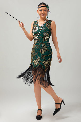 Sparkly Green Golden Bodycon Fringed Short 1920s Dress with Sequins