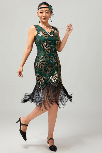 Sparkly Green Golden Bodycon Fringed Short 1920s Dress with Sequins