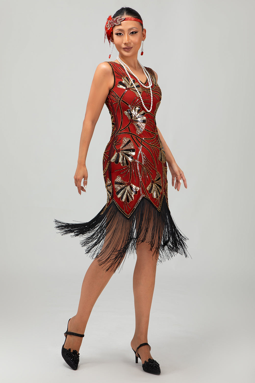 Sparkly Red Gold Short Fringed 1920s Dress with Sequins