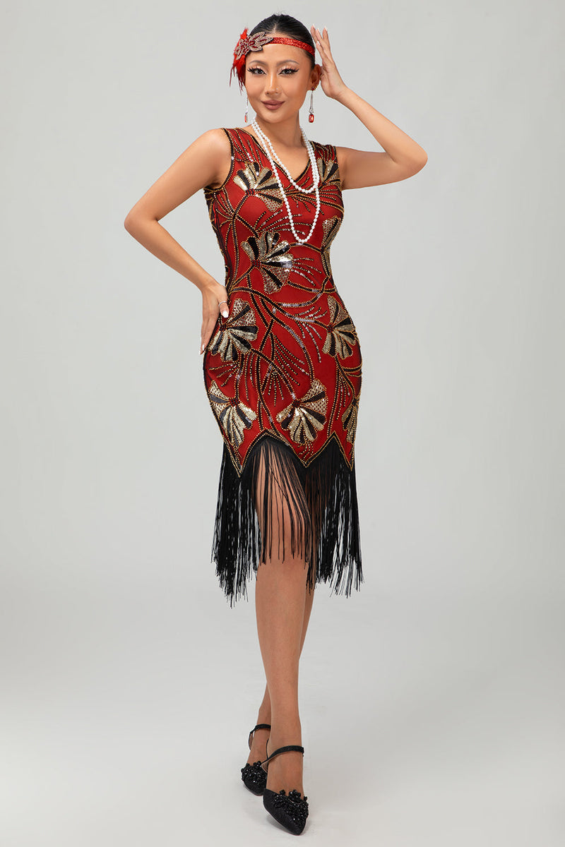 Load image into Gallery viewer, Sparkly Red Gold Short Fringed 1920s Dress with Sequins