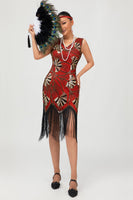 Load image into Gallery viewer, Sparkly Red Gold Short Fringed 1920s Dress with Sequins