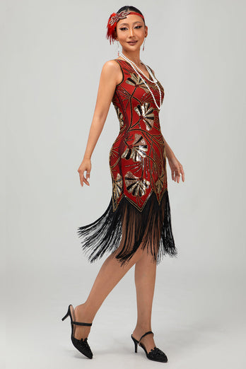 Sparkly Red Gold Short Fringed 1920s Dress with Sequins