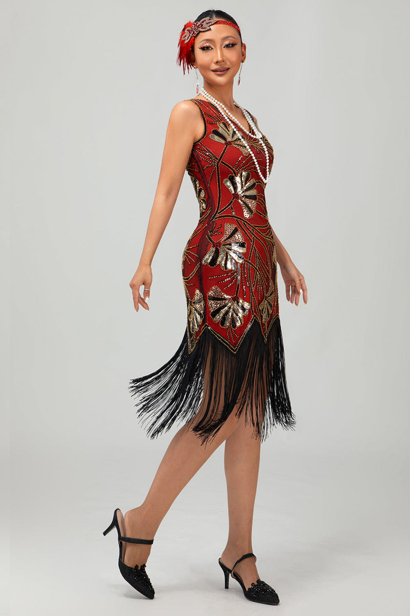 Load image into Gallery viewer, Sparkly Red Gold Short Fringed 1920s Dress with Sequins