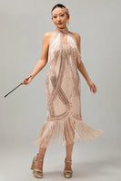 Load image into Gallery viewer, Sparkly Black Golden Sequins Halter Flapper Dress with Fringes