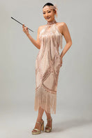 Load image into Gallery viewer, Sparkly Black Golden Sequins Halter Flapper Dress with Fringes