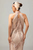 Load image into Gallery viewer, Sparkly Black Golden Sequins Halter Flapper Dress with Fringes