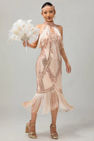 Load image into Gallery viewer, Sparkly Black Golden Sequins Halter Flapper Dress with Fringes