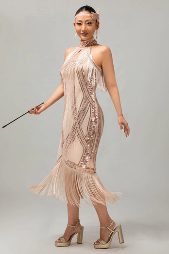 Sparkly Black Golden Sequins Halter Flapper Dress with Fringes