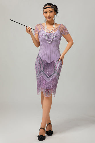 Sparkly Purple Sequins Bodycon Flapper Dress with Beading