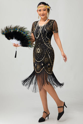 Sparkly Black Golden Scoop Neck Sequins Flapper Dress with Fringes