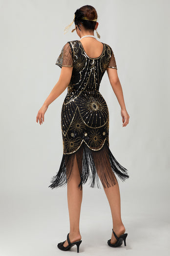 Sparkly Black Red Sequined Fringed Short 1920s Dress with Sleeves