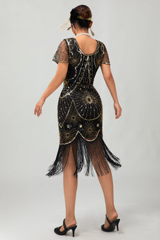 Sparkly Black Golden Scoop Neck Sequins Flapper Dress with Fringes