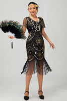 Load image into Gallery viewer, Sparkly Black Red Sequined Fringed Short 1920s Dress with Sleeves
