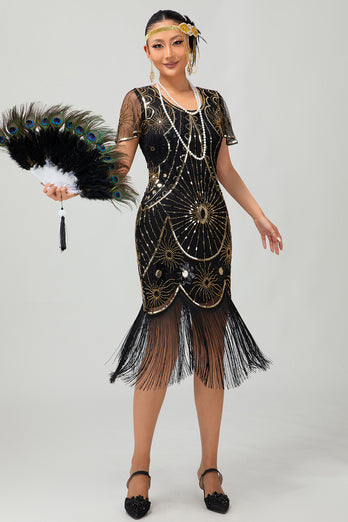 Sparkly Black Red Sequined Fringed Short 1920s Dress with Sleeves