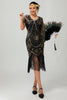 Load image into Gallery viewer, Sparkly Black Red Sequined Fringed Short 1920s Dress with Sleeves
