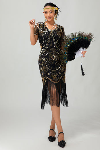 Sparkly Black Red Sequined Fringed Short 1920s Dress with Sleeves