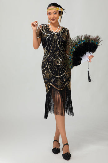 Sparkly Black Golden Scoop Neck Sequins Flapper Dress with Fringes