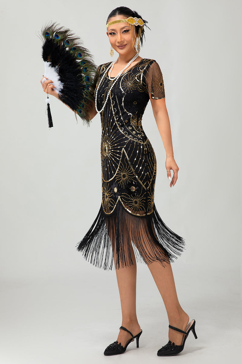 Load image into Gallery viewer, Sparkly Black Red Sequined Fringed Short 1920s Dress with Sleeves