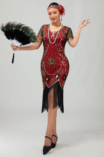Sparkly Black Red Sequined Fringed Short 1920s Dress with Sleeves