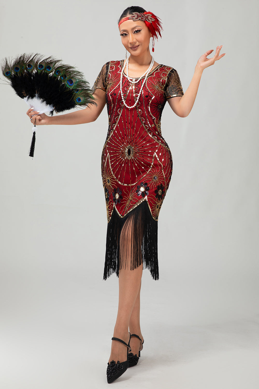 Sparkly Black Red Sequined Fringed Short 1920s Dress with Sleeves
