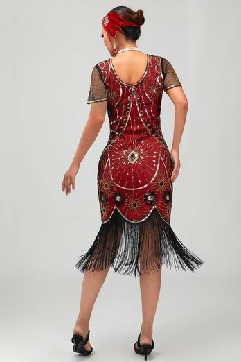 Sparkly Black Red Sequined Fringed Short 1920s Dress with Sleeves