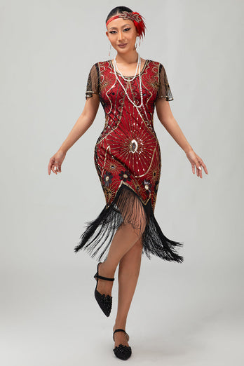 Sparkly Black Red Sequined Fringed Short 1920s Dress with Sleeves