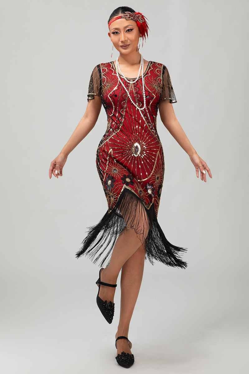 Load image into Gallery viewer, Sparkly Black Red Sequined Fringed Short 1920s Dress with Sleeves
