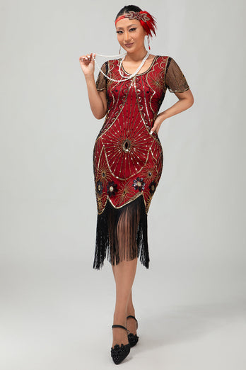 Sparkly Black Red Sequined Fringed Short 1920s Dress with Sleeves