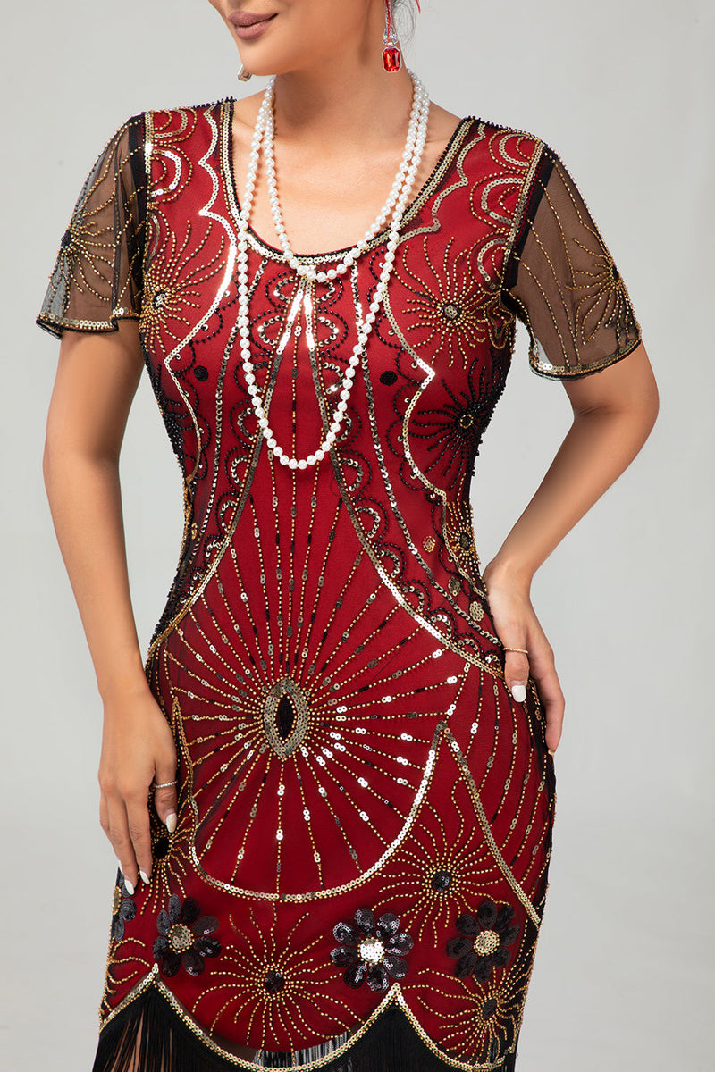 Load image into Gallery viewer, Sparkly Black Red Sequined Fringed Short 1920s Dress with Sleeves