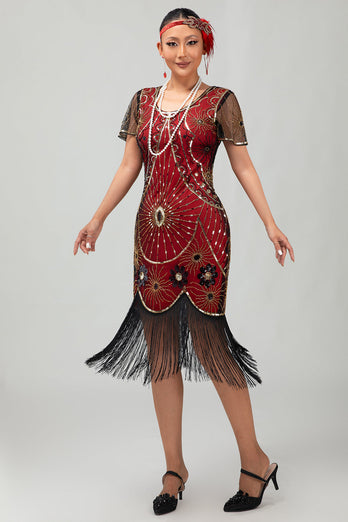 Sparkly Black Red Sequined Fringed Short 1920s Dress with Sleeves