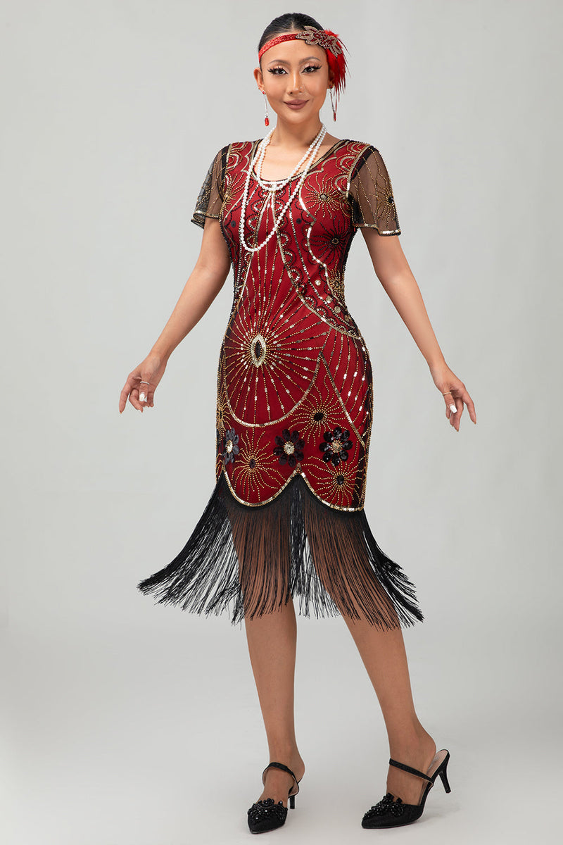Load image into Gallery viewer, Sparkly Black Red Sequined Fringed Short 1920s Dress with Sleeves