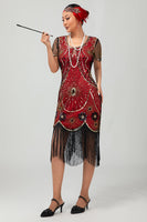 Load image into Gallery viewer, Sparkly Black Red Sequined Fringed Short 1920s Dress with Sleeves