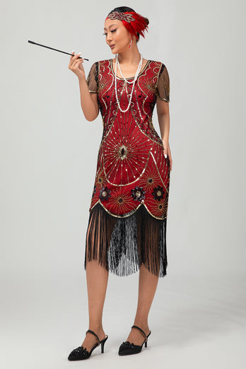 Sparkly Black Golden Scoop Neck Sequins Flapper Dress with Fringes