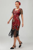 Load image into Gallery viewer, Sparkly Black Red Sequined Fringed Short 1920s Dress with Sleeves