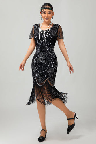 Sparkly Black Silver Short Sleeves Sequins Flapper Dress with Fringes