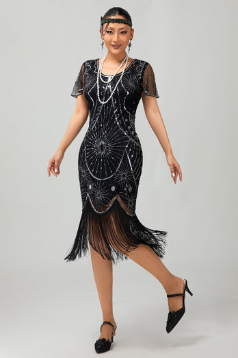 Sparkly Black Red Sequined Fringed Short 1920s Dress with Sleeves