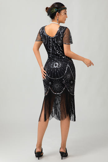 Sparkly Black Red Sequined Fringed Short 1920s Dress with Sleeves