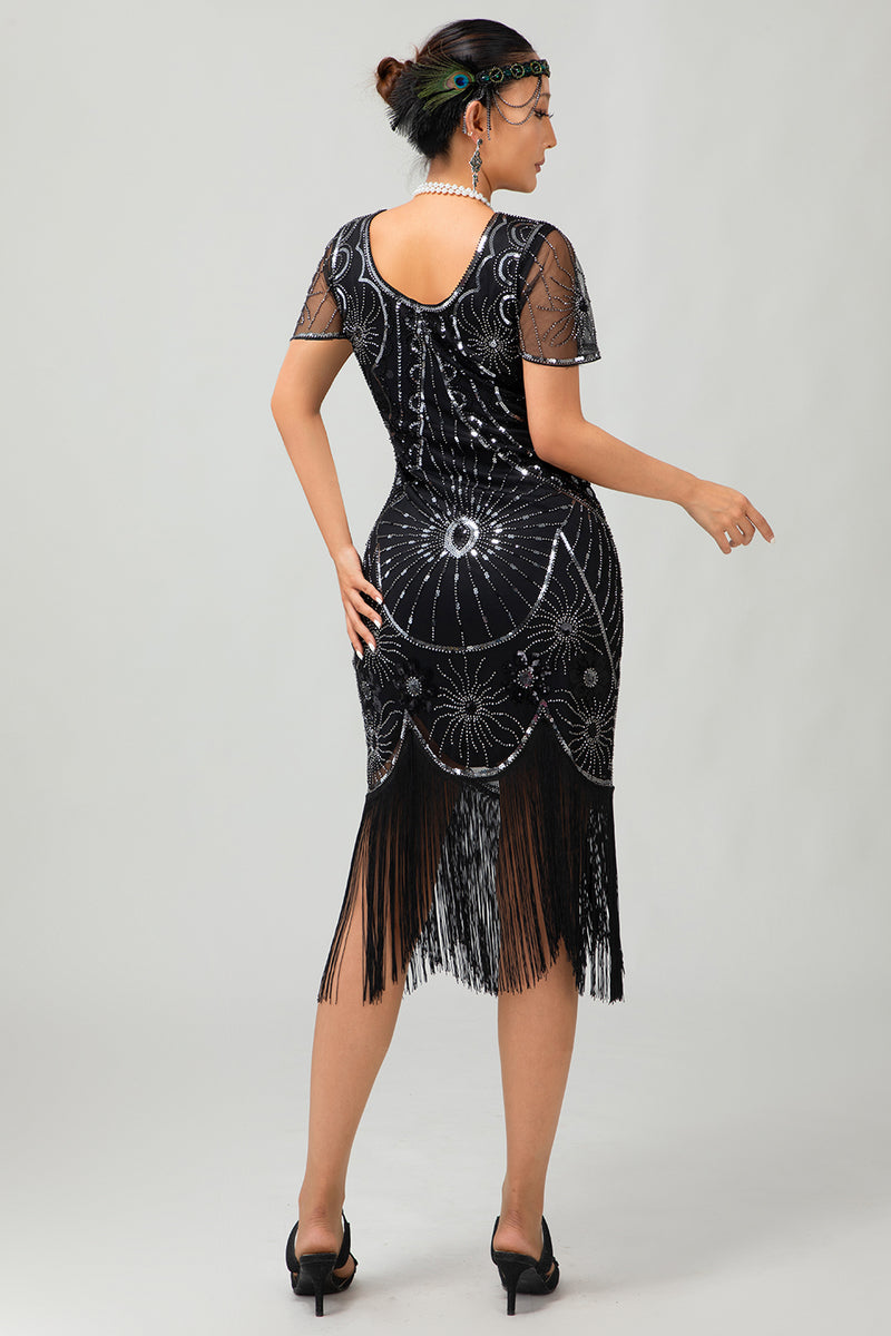 Load image into Gallery viewer, Sparkly Black Red Sequined Fringed Short 1920s Dress with Sleeves