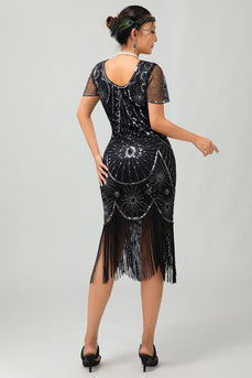 Sparkly Black Silver Short Sleeves Sequins Flapper Dress with Fringes
